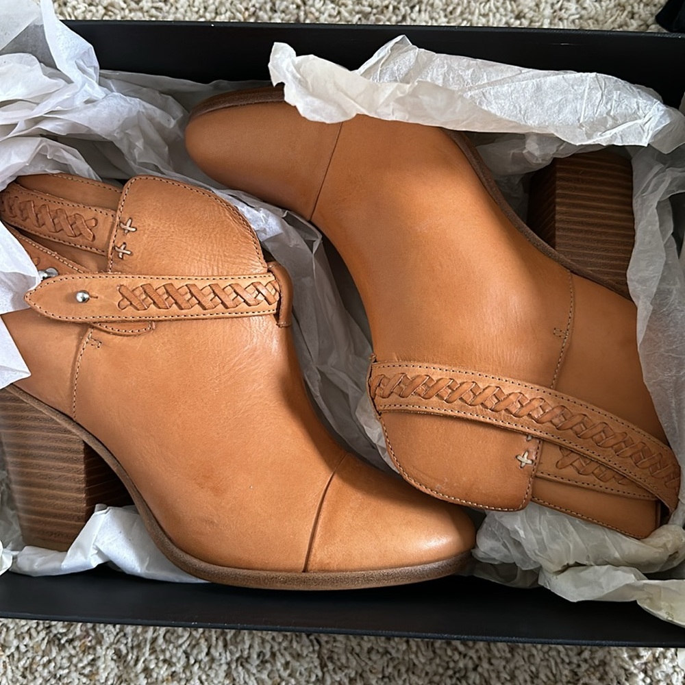Rag & Bone Womens 8.5 38.5 Harrow Ankle Boot Tan Leather Natural Woven New Box - Picture 2 of 7